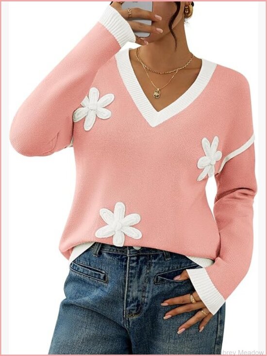 Sweaters - Women's Oversized V-Neck Pullover Sweater Floral Knit Long Sleeve Tops